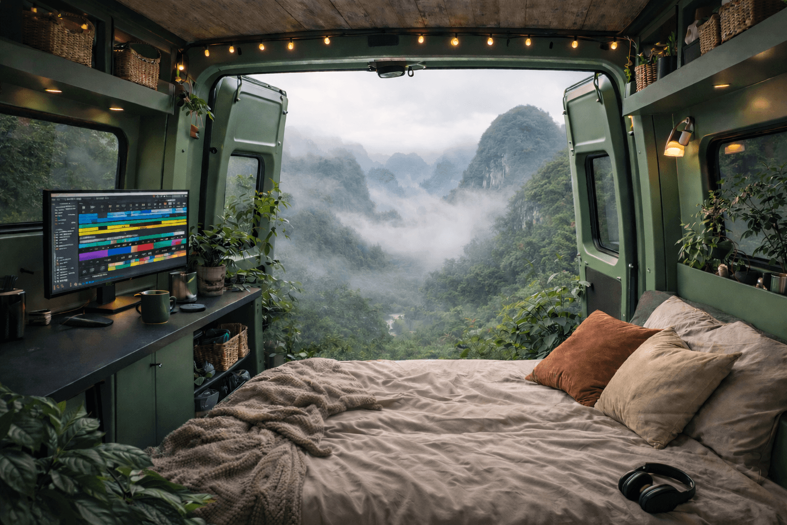 Digital nomad vanlife workspace with mountain view