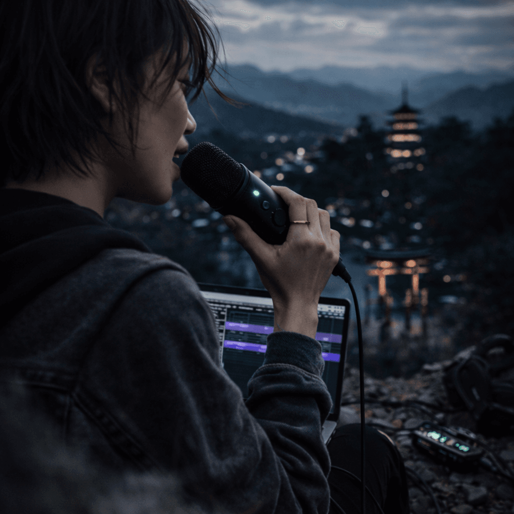 Voicer with microphone and audio editing setup